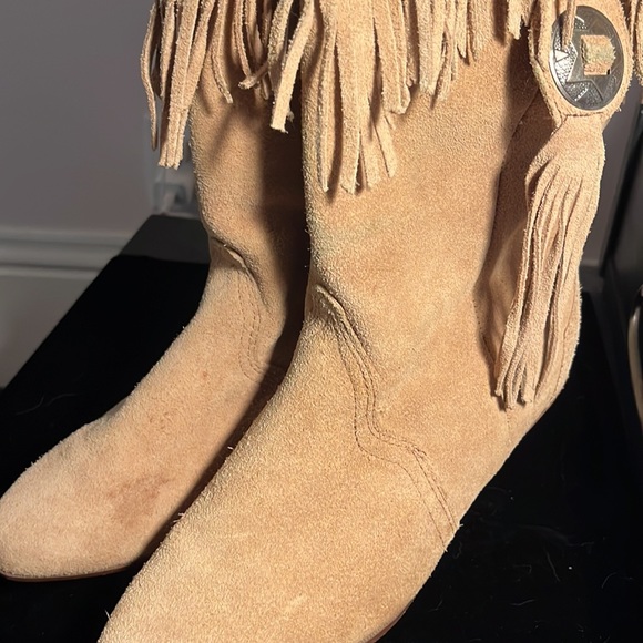 Vintage Sheriff Houston Tan Suede Boots Size 8 Fringe Western midi height - Picture 6 of 9